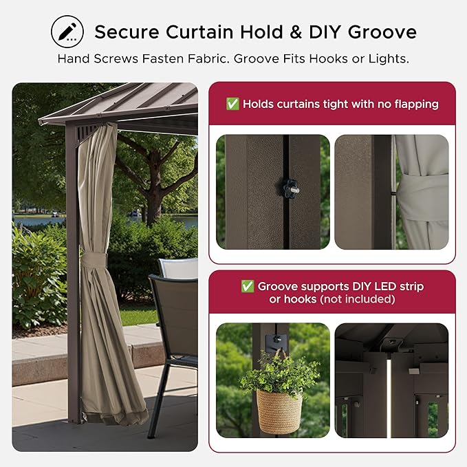 SUNJOY Kingston 12' x 10' Hardtop Gazebo with Galvanized Steel Double Roof, Curtain and Netting, Brown Aluminum Posts Permanent Pavilion Gazebo for Garden, Patio, Deck, Lawn