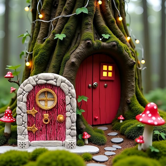 Red Mini Fairy Garden Door for Tree, 3D Miniature Fairy Door for Fairytale Tiny House Doors, Bonsai Terrarium Micro Landscape Decoration Accessories Garden Miniatures