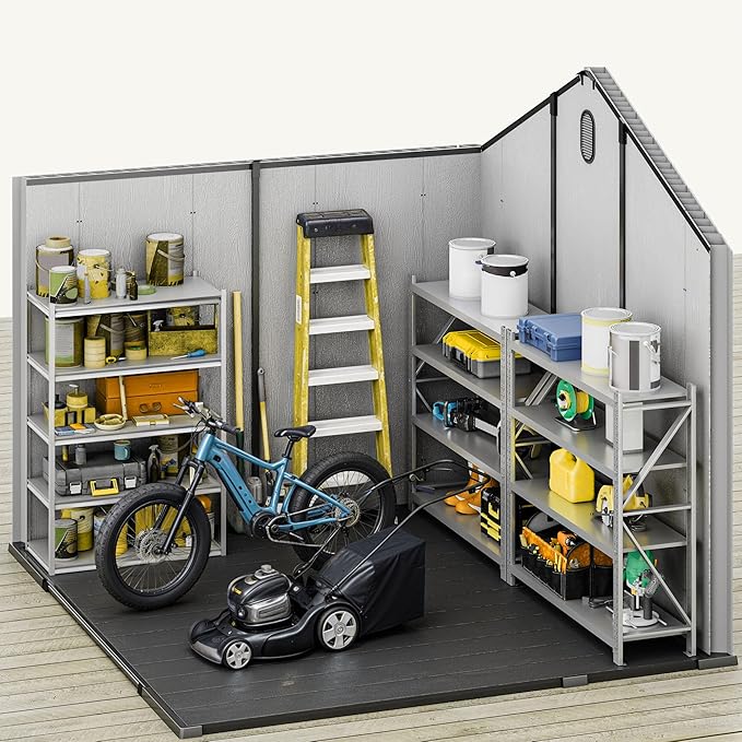 DWVO 8x8 FT Outdoor Storage Shed, 427 cuft Large Plastic Storage Shed with Floor & Lockable Door, Outside Tool Garden Shed with Windows & Vents for Patio Furniture, Lawn Mower, Bike, Black&Gray