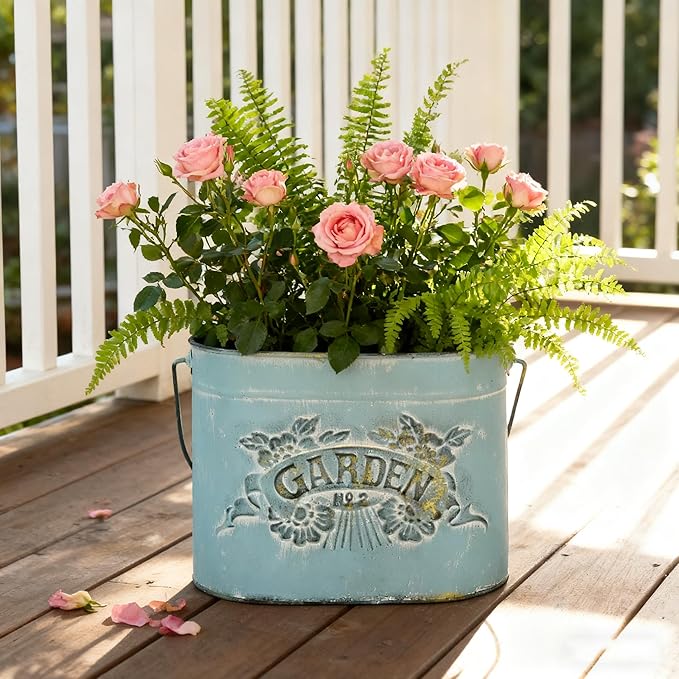 Vintage Distressed Blue Metal Planter Pot with Handles, Garden No.2 Embossed Design, Rustic Farmhouse Flower Bucket for Indoor Outdoor Gardening, Succulents, Herbs, Home Decor