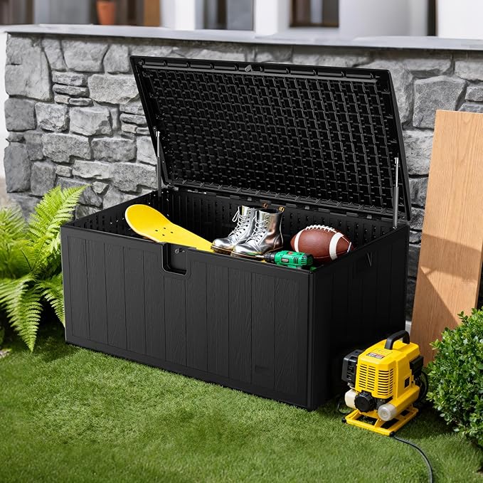 JEKO&JEKO 130 Gallon Outdoor Storage Box – Large Plastic Deck Box with Lockable Lid for Patio Furniture, Garden Supplies, and Shoes, Black