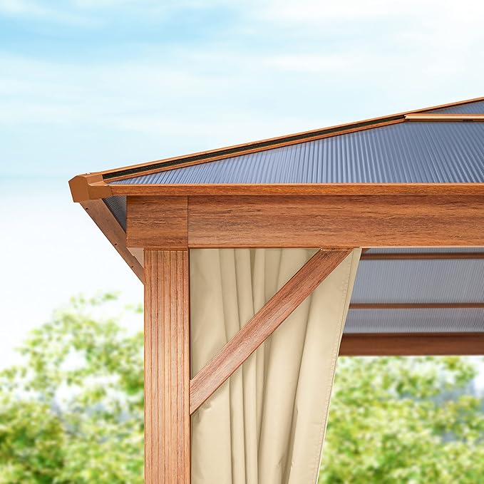 TOOLPORT Hardtop Gazebo 10x10 ft with Polycarbonate Roof - Wood-Like Finish - 4 Side Panels in Champagne