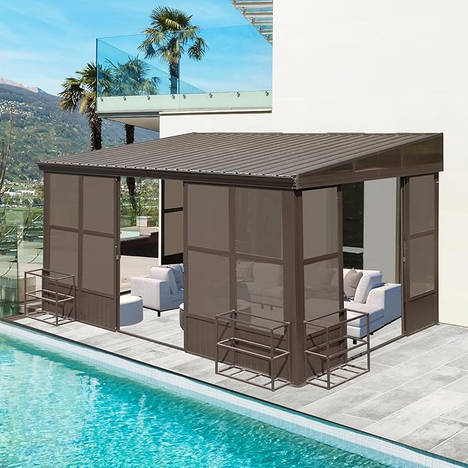 10x14FT Lean to Sunroom Enclosed Gazebo with Gutters,Wall Mounted Sun Room, Solarium with Galvanized Steel Sloping Roof &Detachable PC Screens, 3 Sliding Doors Sun Rooms for Patio, Deck -Brown