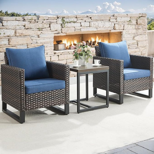 Rilyson Wicker Outdoor Patio Chairs Set - 3 Piece Rattan Patio Furniture Bistro Chairs Set with Waterproof Wicker,Comfortable Cushions and Sturdy Metal Frame for Porch Deck Backyard(Brown/Blue)