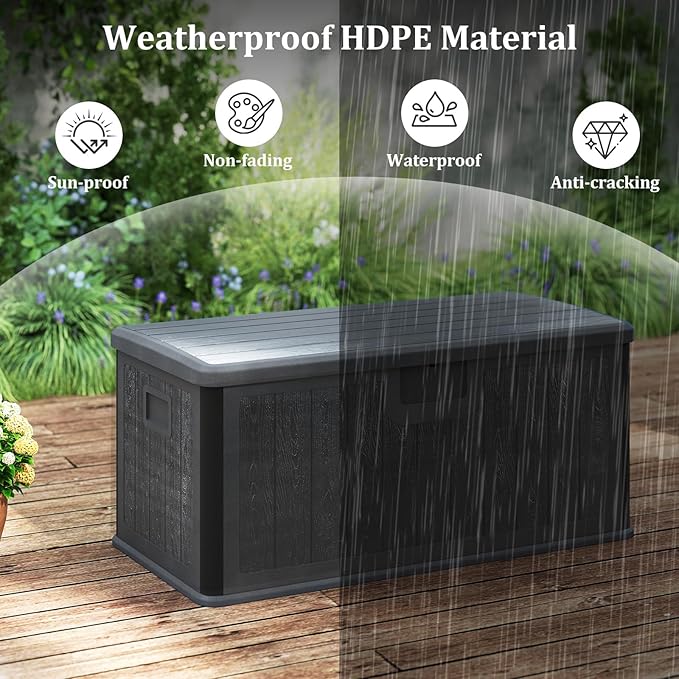 Tangkula 100 Gallon Outdoor Storage Box, Resin Outdoor Storage Bench with Lockable Lid, Waterproof Deck Box for Garden Tools, Pool Accessories, Cushions