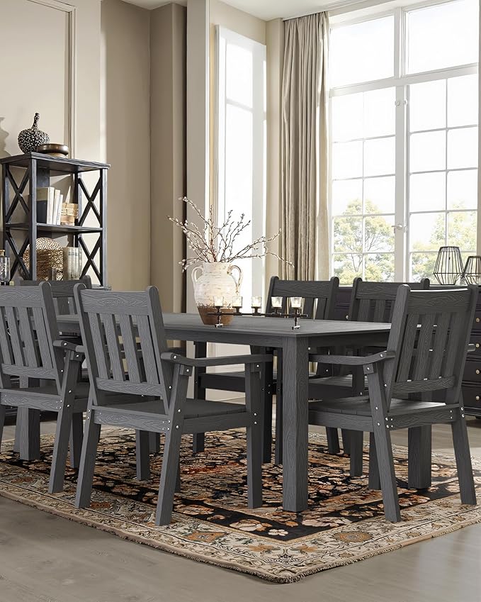 YEFU HIPS Patio Table Set: 7 Piece Outdoor Table and Chairs Dining Furniture Set with Umbrella Hole - Gray Modern Plastic Dining Sets 6 Person for Outside Deck with Metal Aluminum Frame