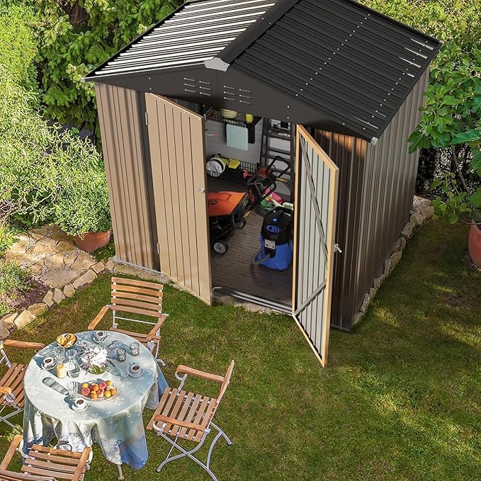 Furniwell 6x8 FT Outdoor Storage Shed, Metal Garden Sheds Outdoor Storage House with Single Lockable Door for Backyard Patio Lawn, Brown