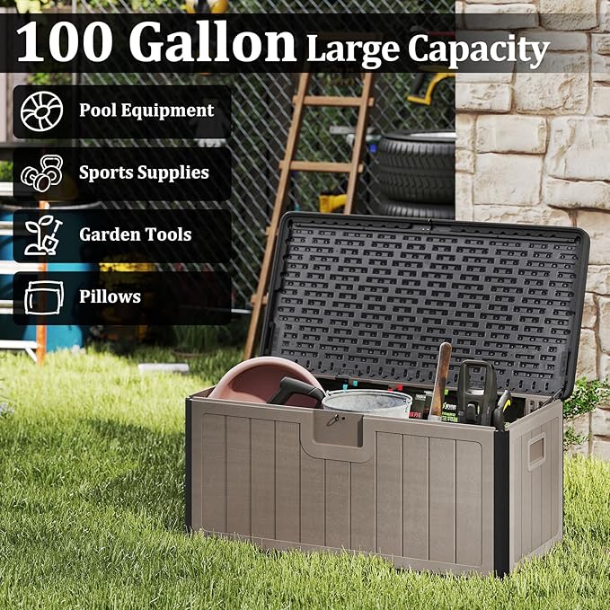 Tangkula 100 Gallon Outdoor Storage Box, Resin Outdoor Storage Bench with Lockable Lid, Waterproof Deck Box for Garden Tools, Pool Accessories, Cushions (100 Gallon,Black+Brown)