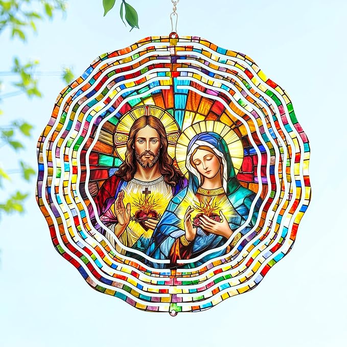 FLAGWIX Christmas Sacred Heart Wind Spinners Outdoor - 3D Stainless Steel Metal Wind Spinners 12 in - Christian Gifts for Women Faith, Virgen De Guadalupe Gift Ideas, Religious Gifts for Mom Grandma