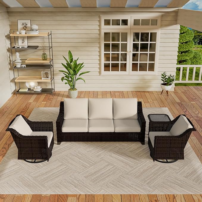Vista Vibe 4 Pieces Outdoor Patio Conversation Furniture Set - 78" 3-Seat Sofa | 2 Swivel Glider Rocker Chairs | Wicker End Table, Rattan Loveseat, Upholstered Couch, Garden, Deck (Brown/Beige)