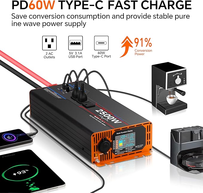 2500W Pure Sine Wave Inverter, Car Power Inverter 12V to 110V 120V, DC to AC Converter Generator with AC Outlets 3.0A USB Type-C, Remote Controller LCD Display Truck Inversor for Vehicles, RV