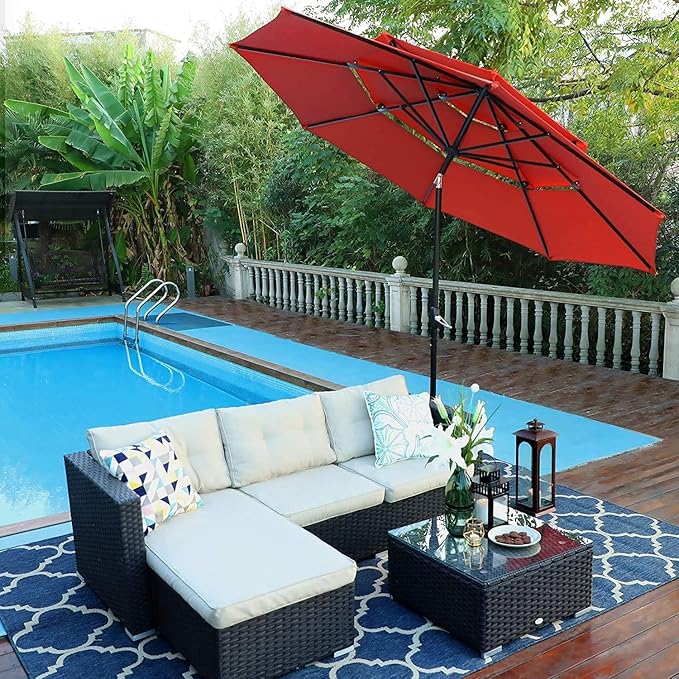 Sophia & William Patio Set with Umbrella 6 Pieces Outdoor Dining Set with 10ft 3 Tier Red Patio Umbrella Windproof, 4 x Swivel Patio Dining Chairs, Patio Table and Chairs for Garden Backyard