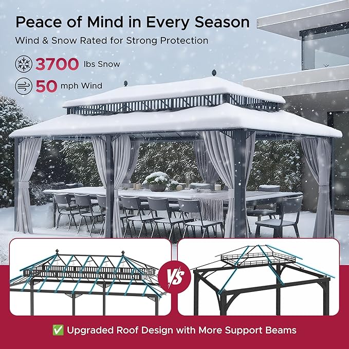 SUNJOY Kingston 20' x 12' Hardtop Gazebo with Galvanized Steel/Polycarbonate Double Roof, Curtain and Netting, Gray Aluminum Posts Permanent Pavilion Gazebo for Garden, Patio, Deck, Lawn