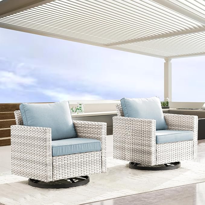 Luxury Outdoor Swivel Rocker Patio Chairs Set of 2, Swivel Patio Chairs for Porch, Yard, Deck, Poolside, Light Grey/Light Blue