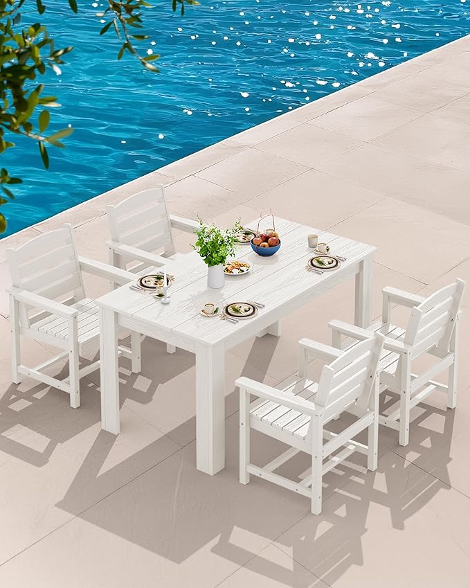 SERWALL Patio Dining Set for 4, Outdoor Dining Sets for 4 Person with 1 Umbrella Hole Cut-Out Rectangular Table and 4 Chairs, HDPE Dining Sets for Garden, Backyard, Poolside, White