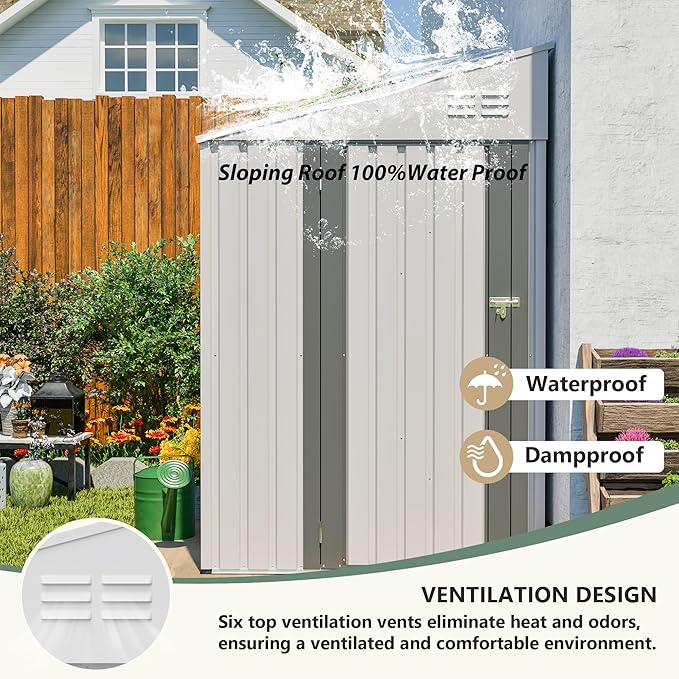 4x7 FT Lean to Shed with Single Lockable Side Door, Outdoor Metal Storage Shed, Sloping Roof Galvanized Utility Steel Tool Shed for Garden, Patio, Lawn & Backyard