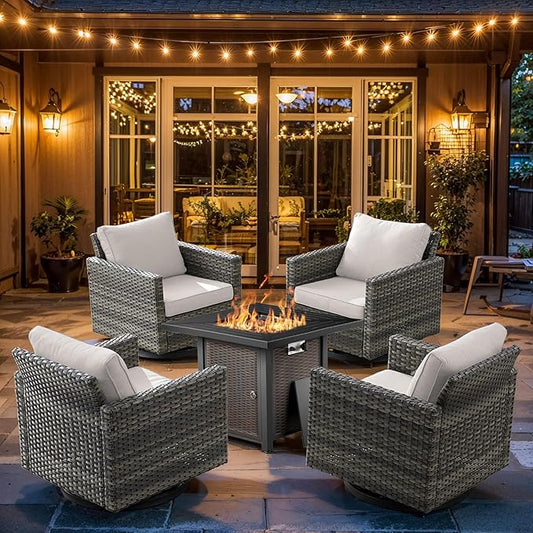 Wicker Outdoor Swivel Chairs Set of 4 with Fire Pit Table, 5 Pieces Patio Furniture Set with Fire Pit Table for Yard, Deck, Garden, Grey/Beige