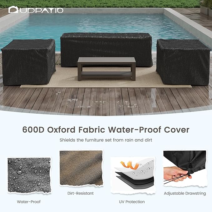 UDPATIO 4 Piece Faux Wood Aluminum Patio Furniture Set 7 Seats Modern Outdoor Furniture Patio Conversation Sets with Coffee Table for Balcony, Backyard, 600D Waterproof Cover Included, Dark Grey
