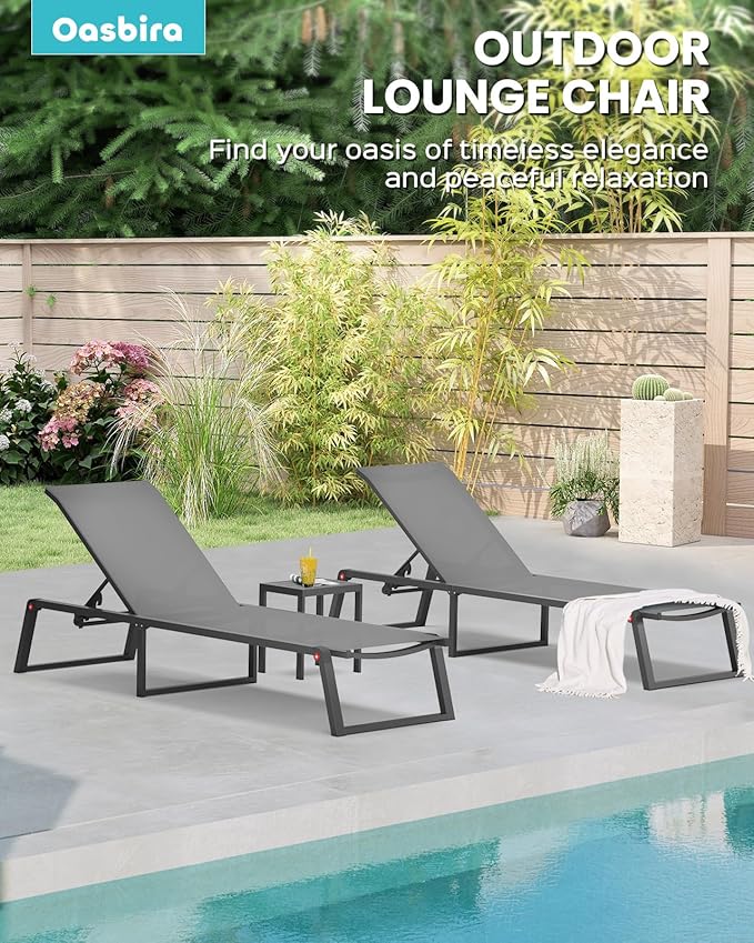 Aluminum Chaise Lounge Outdoor Set of 2, Foldable & Assembly Free Patio Pool Lounge Chairs 5-Position Recliner for Outside Poolside, Fully Grounded Legs Sun Lounger for Beach, Yard, Dark Gray
