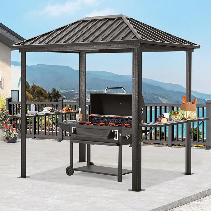 ABCCANOPY 6x8 Grill Hardtop Gazebo - Outdoor Permanent Barbecue Gazebo with Galvanized Steel Roof, Aluminum BBQ Canopy with Shelves for Patio, Lawn, Garden (Single Roof, Gray)