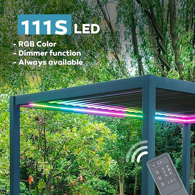 MIRADOR 111S LED Louvered Pergola Gazebo, 10Ft x 13Ft, Integrated LED Strip Lights, Full Aluminum Frame, Adjustable Roof, Outdoor, Durable, Charcoal