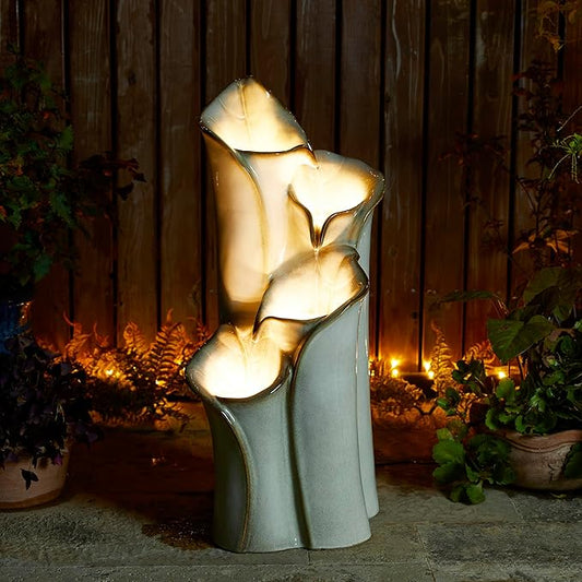 Glitzhome 31.25" H Outdoor Water Fountain with LED Lights and Pump, 4 Tier Sand Beige Lotus Leaf Textured Ceramic Floor Standing Fountain, Vase Waterfall Fountains for Porch Deck Garden Patio Backyard