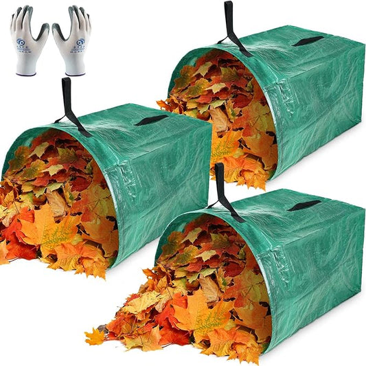 3 Pack 53 Gallon Yard Waste Bags Dustpan Type Lawn Garden Reusable Heavy Duty Leaf Bags Yard Waste Container with Reinforced Carry Handles for Leaves Debris Grass, with Gloves, Leaf Bag Holder