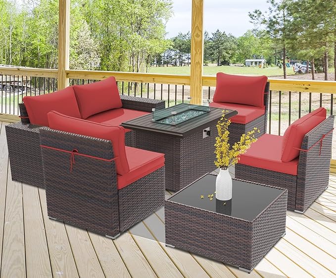 Outdoor Patio Furniture Set with Propane Fire Pit Table, 7 Pieces Outdoor Furniture Patio Sectional Sofa Conversation Sets w/ETL Approved 43" Gas Outdoor Fire Table & Coffee Table RED.