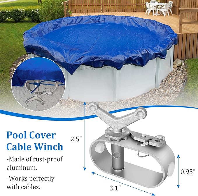 Belleone Swimming Pool Cover Cable and Winch Kit - 150ft Plastic-Coated Steel Pool Cover Wire & Aluminum Spring Loaded Pool Cover Ratchet for Above Ground Swimming Pool Winter Safe (Blue)