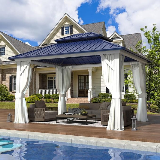 EROMMY 10'x12' Gazebo Hardtop, Galvanized Steel Double Roof Metal Gazebo with Aluminum Frame, Permanent Outdoor Pavilion with Curtain and Netting for Patio Lawn and Garden, Blue