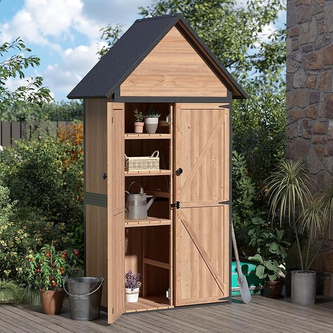 Outdoor Storage Shed with Strongest Metal Frame, Storage Cabinet with Floor, Weatherproof Tool Shed with Adjustable Shelfs, Lockable Metal Garden Shed Steel for Backyard Patio (Light Brown)