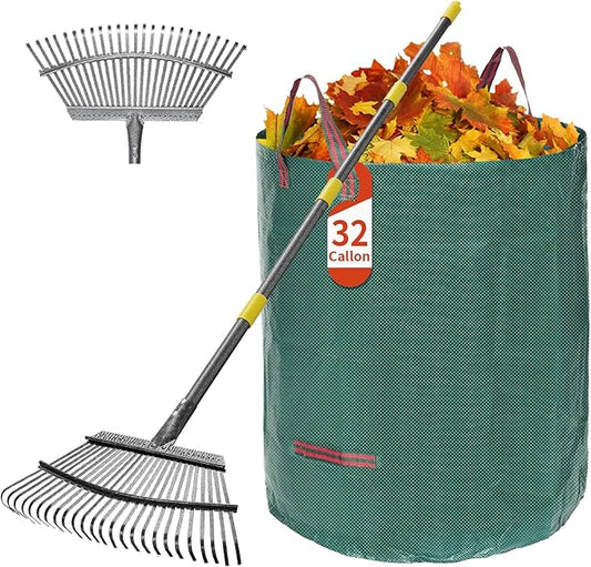 Garden Leaf Rake Set with 25 Tines, Heavy Duty Metal Rake for Leave (Adjustable 73" Long, 18" Wide) with 32 Gallon Reusable Leaf Bag, Ideal for Yard Lawn Shrub Gardening