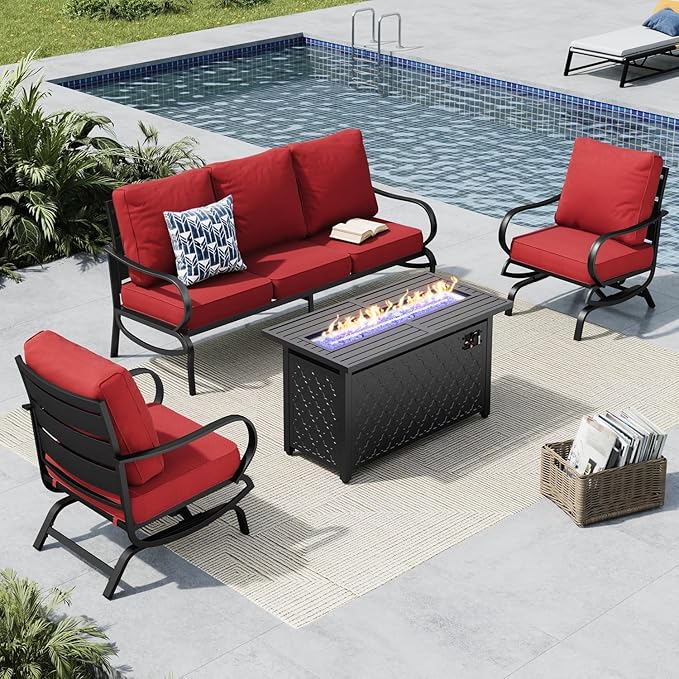 MFSTUDIO 4 Piece Patio Conversation Sets, All Weather Metal Frame Outdoor Furniture Set Patio Sofas with 1 x 45 Rectangular Fire Pit Table, 1 x 3-Seat Sofa, 2 x Rocking Chairs, Burgundy Red Cushion