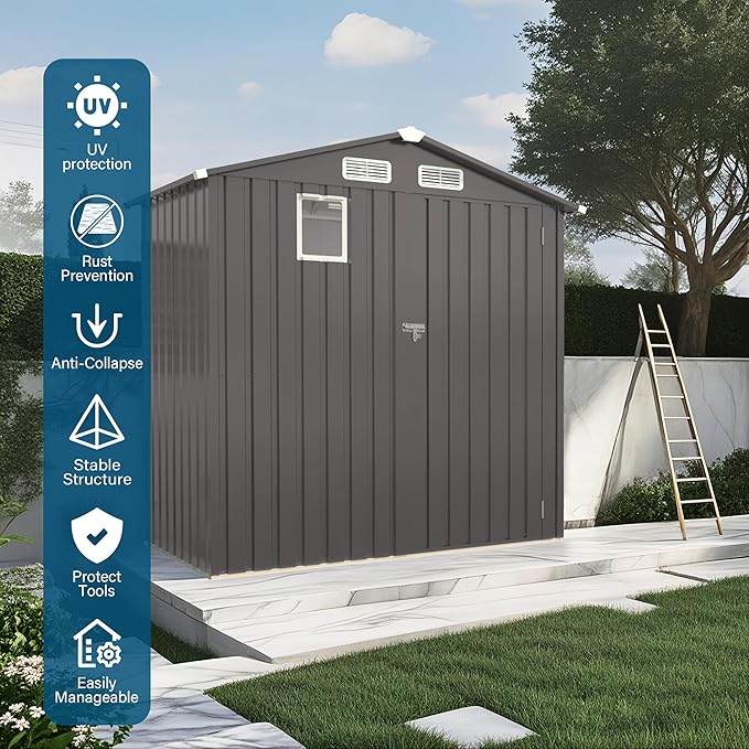 6X3.5 FT Metal Outdoor Storage Shed, Tool Shed with Peaked Roof Watertight w/Window and Lockable Door Compact Metal Tool Room for Garden, Backyard, Patio, Sundries and Bike Storage, Gray