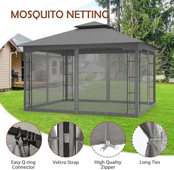 COOS BAY 10x12 Outdoor Patio Gazebo with Netting, Two-Tier Soft Top Canopy for Backyard, Lawn, Deck and Garden, Gray