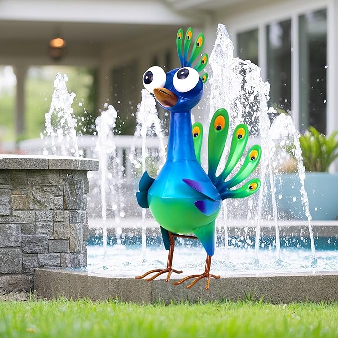 Metal Peacock Statue Garden Decor Cartoon Peacock with Bobbling Eyes Yard Art Lawn Patio Decoration Outdoor Sculpture for Housewarming Birthday Wedding