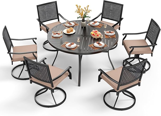 PHI VILLA 7 Pieces Outdoor Round Dining Set for 6, Large Wrought Iron Table with Umbrella Hole & Swivel Metal Chairs with Cushions, Modern Furniture Set for Patio, Deck, Yard, Porch