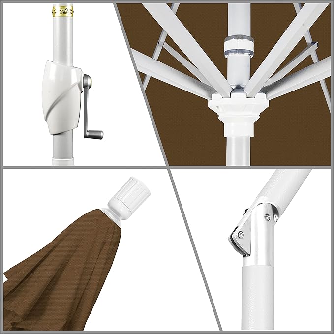 California Umbrella 7.5' Round Aluminum Market Umbrella, Crank Lift, Push Button Tilt, White Pole, Woven Sesame Olefin