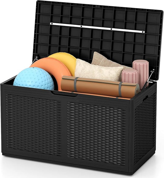 RELAX4LIFE 100-Gallon Resin Deck Box - Waterproof Outdoor Storage Box Container w/Lockable Lid & Wheels, Faux Rattan Porch Bench for Patio Furniture Cushions, Pool Accessories, Garden Tools (Black)