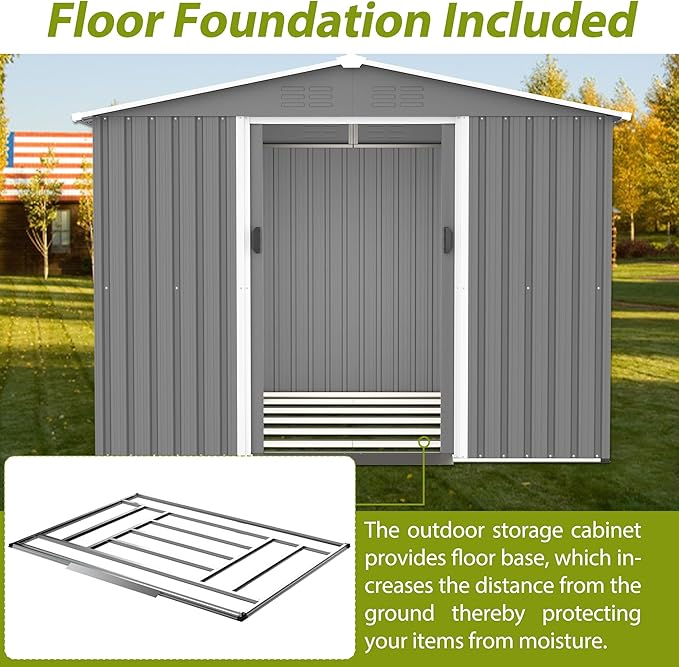 8x6 FT Outdoor Tool Storage Shed with Metal Foundation & Lockable Doors, All Weather Metal Sheds for Garden, Patio, Backyard, Lawn, Gray
