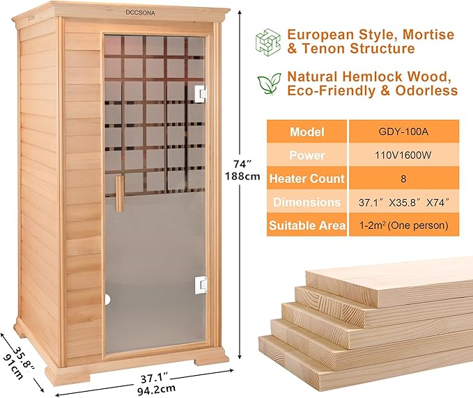 1-Person Home Infrared Dry Sauna Cabin 1600W/110V – Canadian Hemlock Wood, Tempered Glass Door, Red-Light Therapy & Bluetooth Speaker, Easy DIY Assembly, Size 37.1″×35.8″×74″