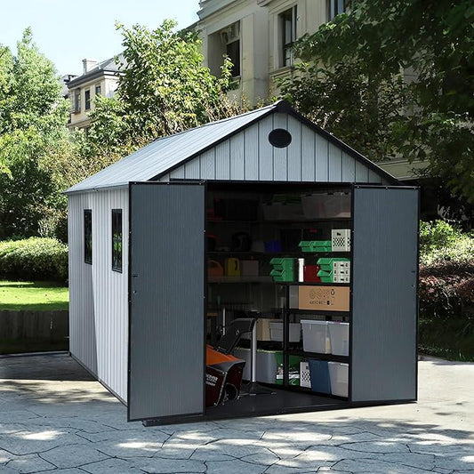 KIGOTY Outdoor Storage Shed, Weatherproof Tool Sheds Storage House with Lockable Doors, Windows and Sloping Roof, Outdoor Storage, Plastic Garden Shed for Backyard, Patio (7 X 9)
