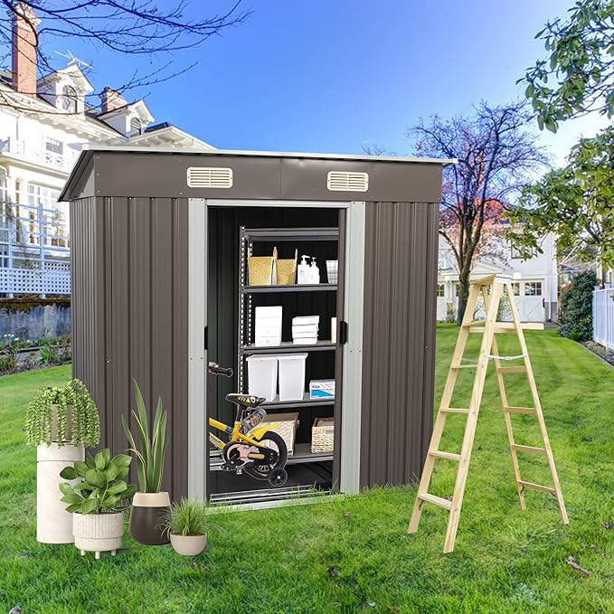 6X4 FT Outdoor Storage Shed, Waterproof Metal Garden Sheds with Lockable Door, Steel Tool Storage Buildings Shed & Outdoor Storage House for Garden, Backyard, Patio, Lawn, Trash Cans(Brown)