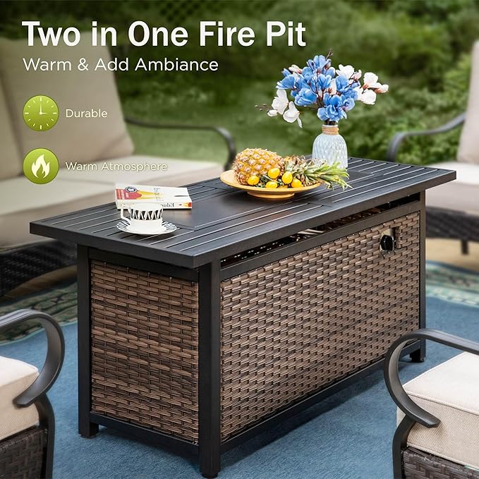 Patio Furniture Set with 56" Fire Pit Table, Premium Outdoor Wicker Metal Frame Furniture with Upgraded Waterproof Thick Cushions for Porch, Poolside, Deck, and Yard