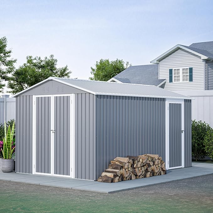 8x12 FT Metal Outdoor Storage Shed with Adjustable Side Door & Lockable Double Doors, Aluminum Frame, Weatherproof Tool Shed with Floor Frame for Garden, Backyard & Equipment Storage