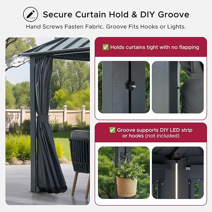 SUNJOY Kingston 12' x 12' Hardtop Gazebo with Galvanized Steel Double Roof, Curtain and Netting, Gray Aluminum Posts Permanent Pavilion Gazebo for Garden, Patio, Deck, Lawn