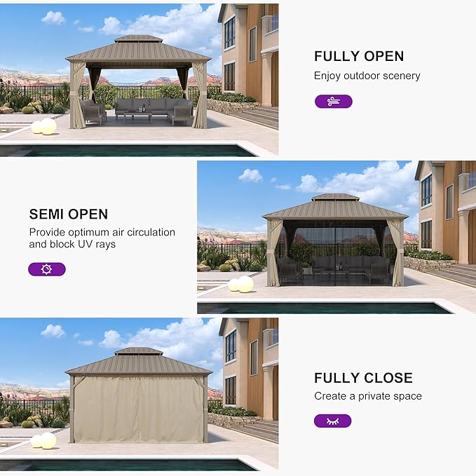 PURPLE LEAF 12' x 14' Outdoor Hardtop Gazebo, Champagne Aluminum Frame with Galvanized Steel Double Roof, Curtains and Netting for Patio Lawn and Garden