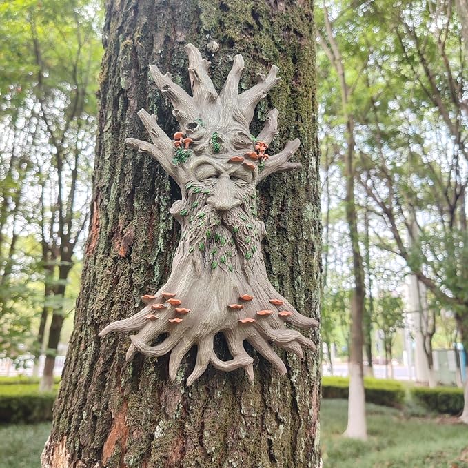 Whimsical Tree Face Garden Decoration ，Tree Faces Decor Outdoor Wallmounted Statue Art with Leaf Features, Outdoor Decor Garden Accessory.(Mushroom)