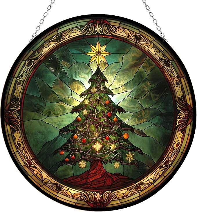 Personalized Magical Christmas Tree Suncatchers for Windows,6.3” Stained Glass Window Hangings,Hand-Painted Glass Panel Perfect for Home Décor