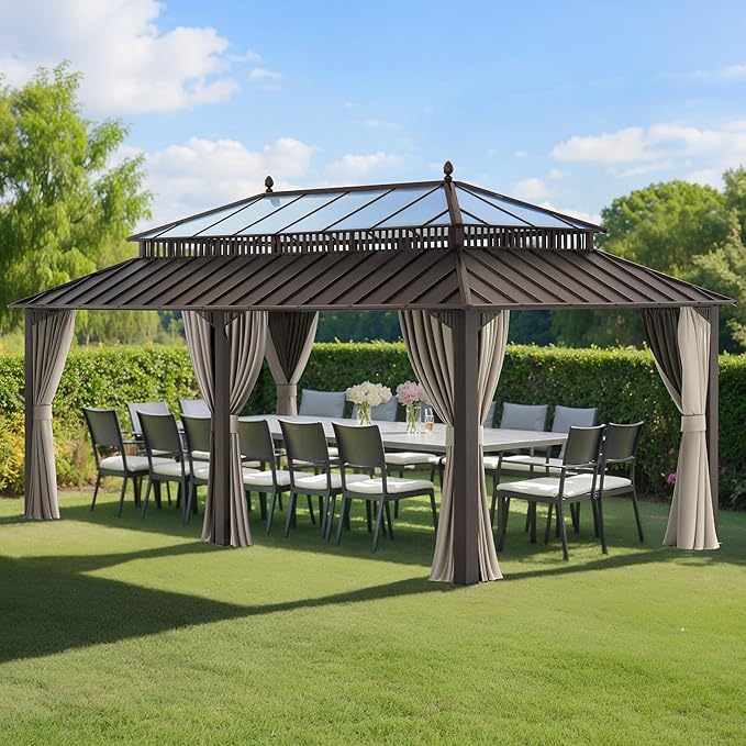 SUNJOY Kingston 20' x 12' Hardtop Gazebo with Galvanized Steel/Polycarbonate Double Roof, Curtain and Netting, Brown Aluminum Posts Permanent Pavilion Gazebo for Garden, Patio, Deck, Lawn